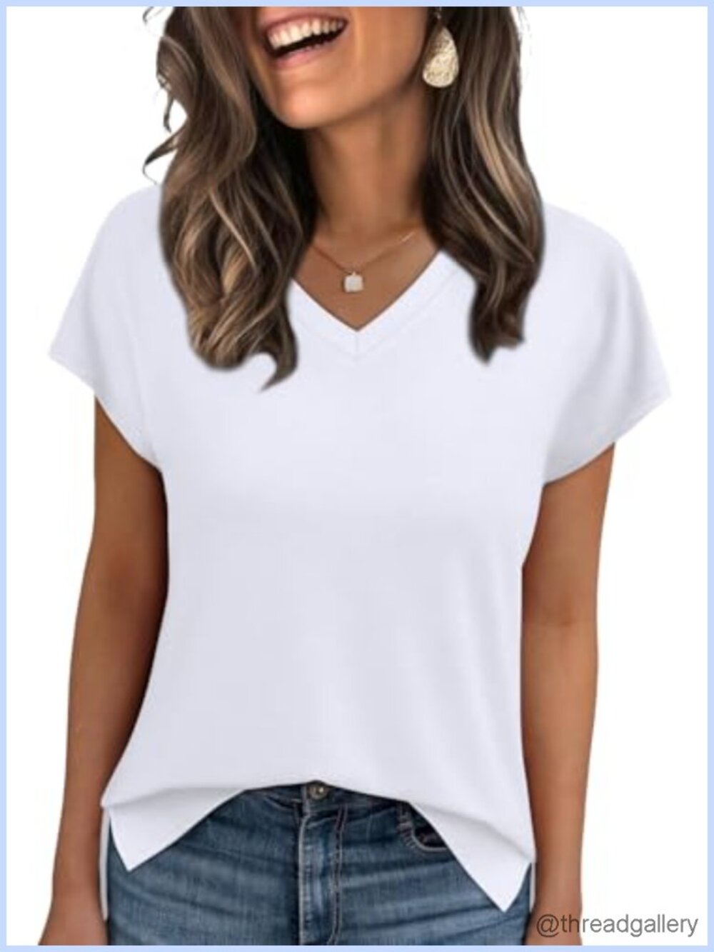 Womens V-Neck Short Sleeve T-Shirt Split Hem Loose Fit Casual Tee